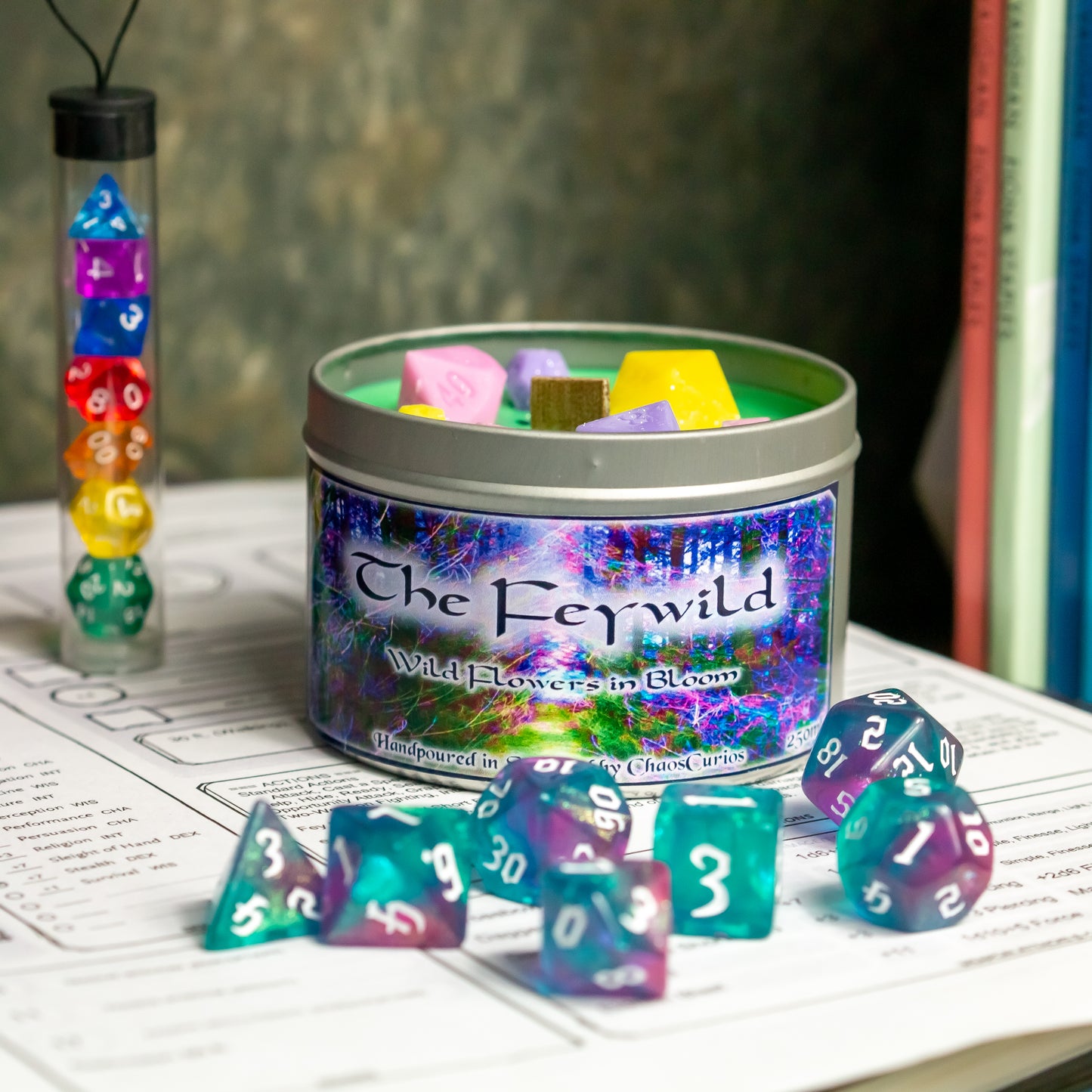 The Feywild, DnD Dice Candle, Wood Wick, Floral Scented, Roleplay Candle, with Dice Wax Melts, 35+ Hours