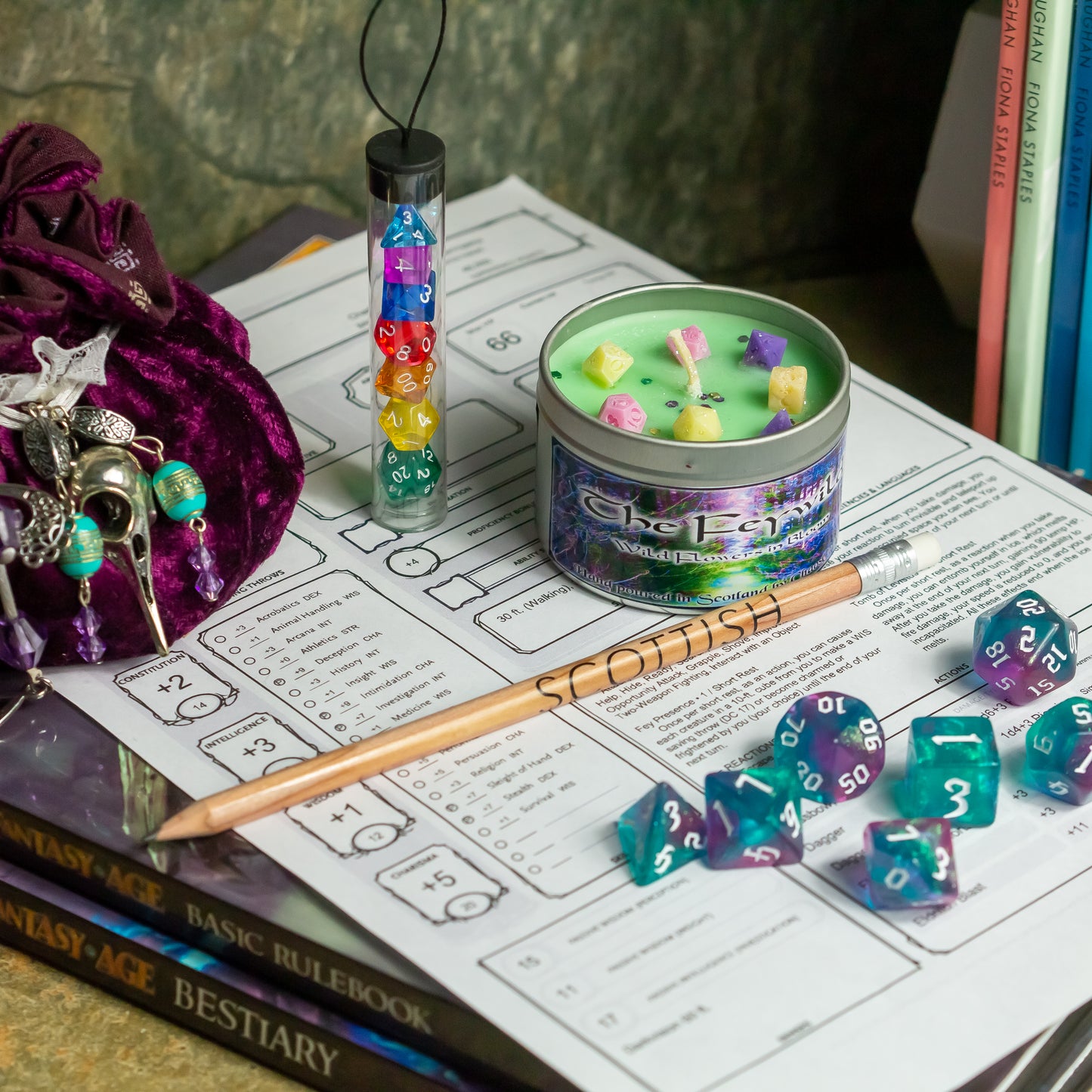 The Feywild, DnD Dice Candle, Wood Wick, Floral Scented, Roleplay Candle, with Dice Wax Melts, 35+ Hours