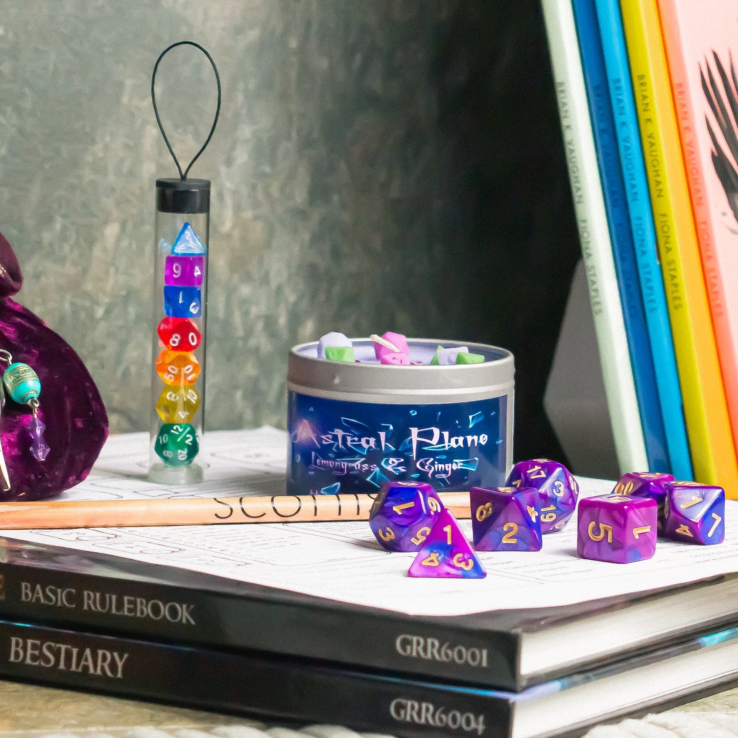 The Astral Planes, DnD Dice Candle, Wood Wick Candle, Lemongrass and Ginger, Roleplay Candle, with Dice Wax Melts, 35+ Hours