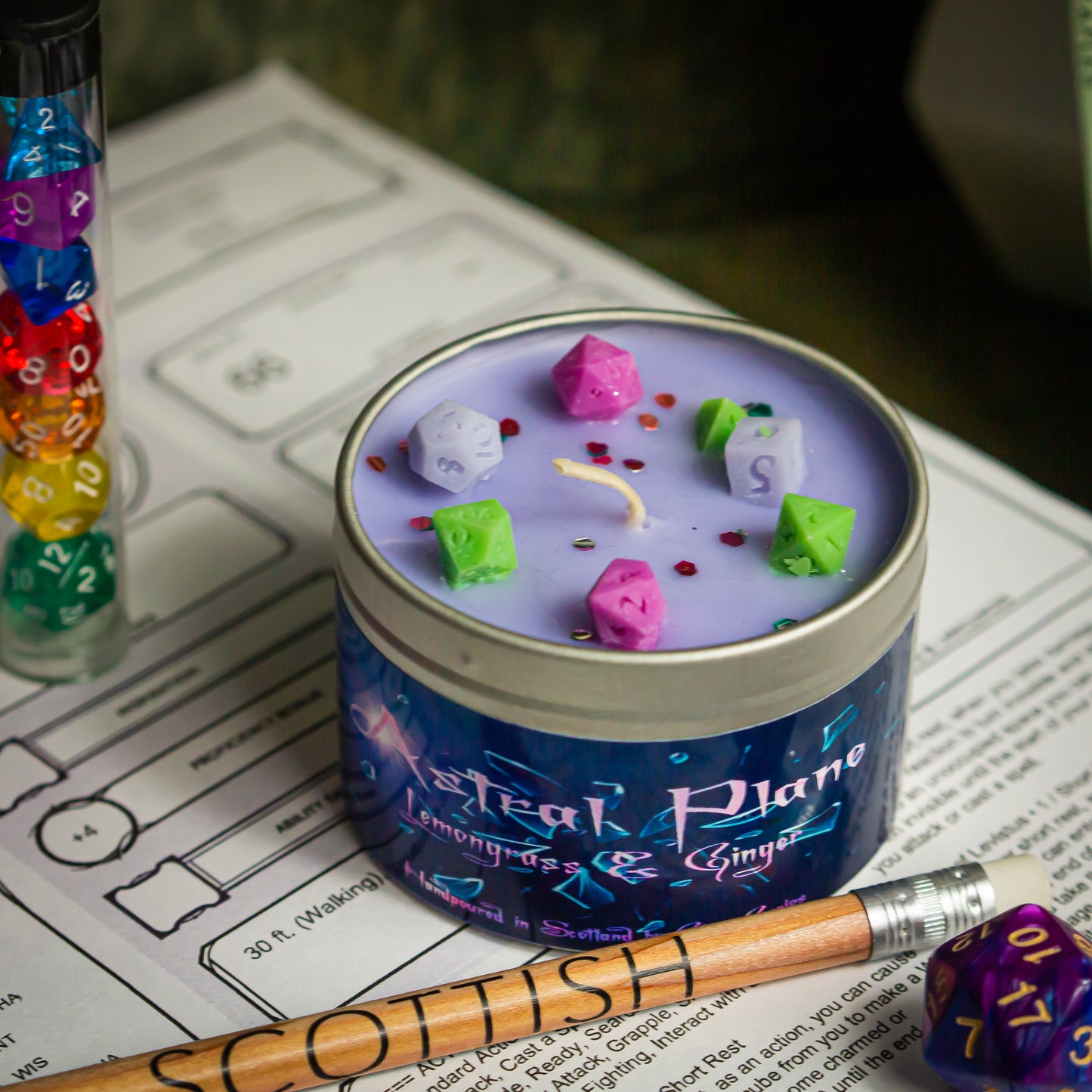 The Astral Planes, DnD Dice Candle, Wood Wick Candle, Lemongrass and Ginger, Roleplay Candle, with Dice Wax Melts, 35+ Hours