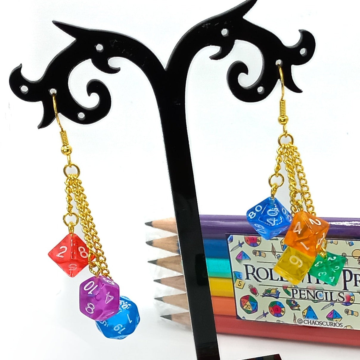 DnD Mini Dice Earrings - Multicolour - Gold Finishing - DnD Swag