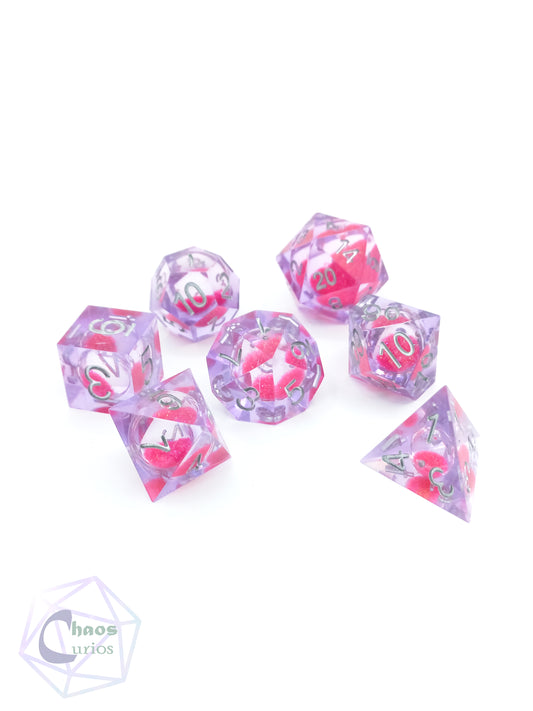 Pink Liquid-Core 7-piece Sharp Edged Resin Dice Set