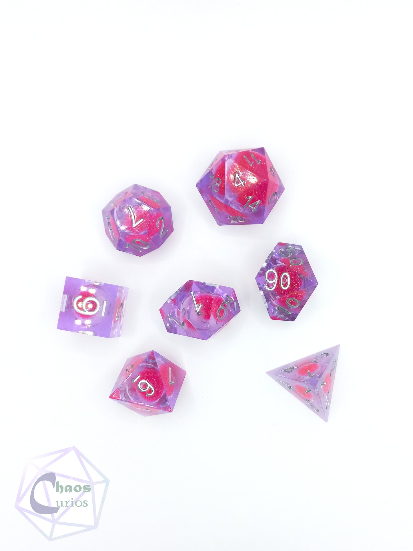 Pink Liquid-Core 7-piece Sharp Edged Resin Dice Set