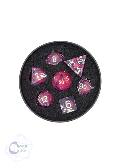 Pink Liquid-Core 7-piece Sharp Edged Resin Dice Set