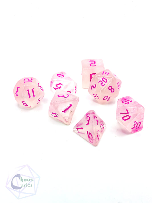 Frosted Pink 7-piece Dice Set Chaos Font