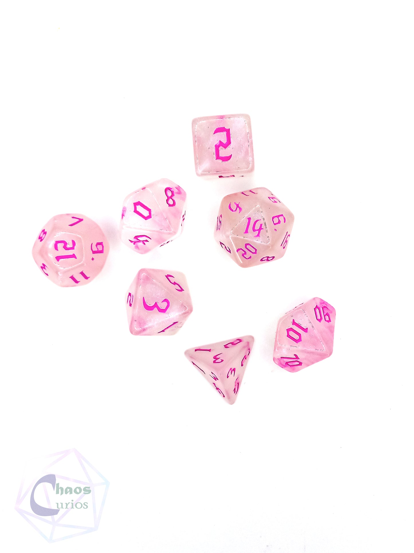 Frosted Pink 7-piece Dice Set Chaos Font