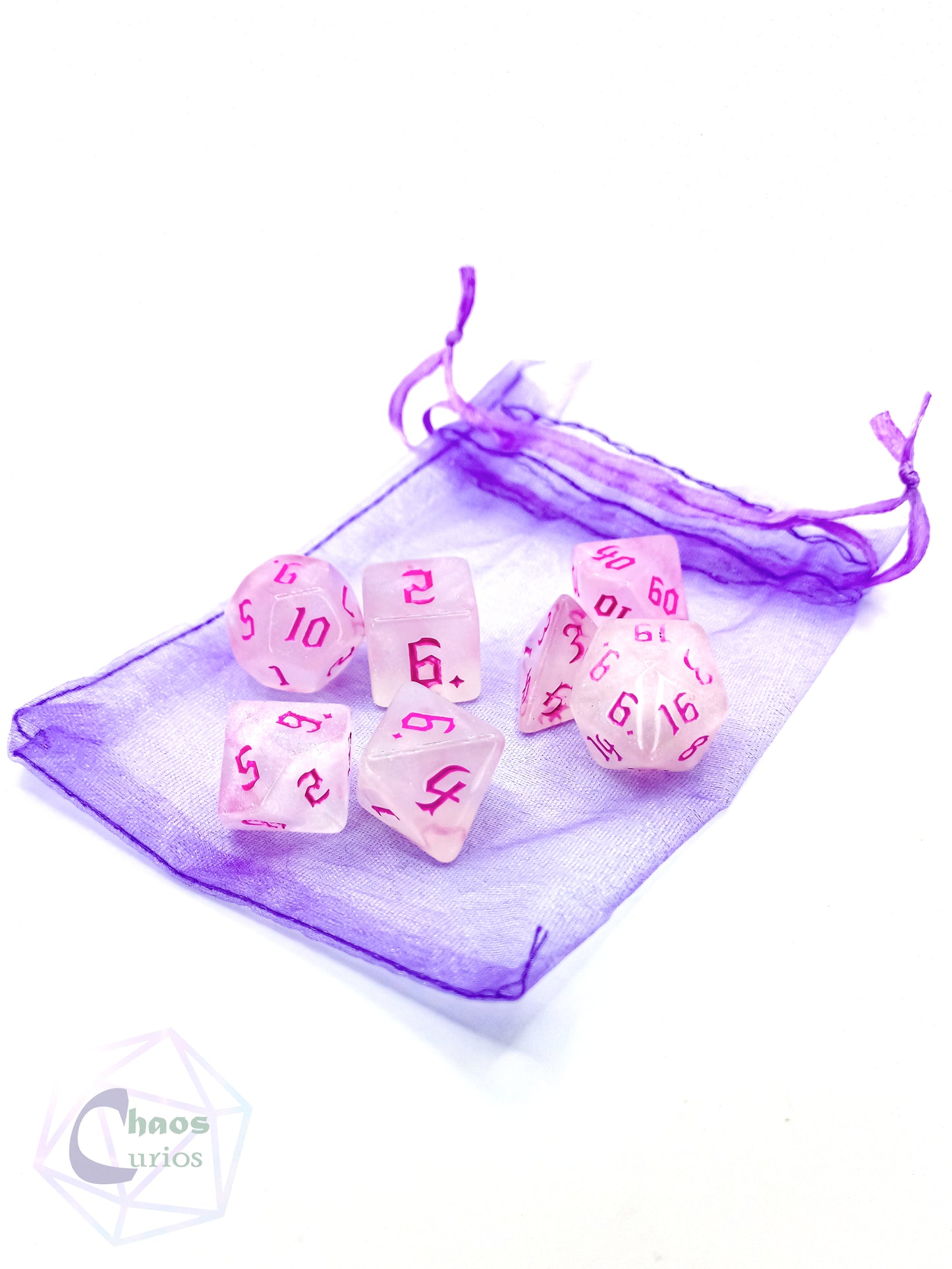 Frosted Pink 7-piece Dice Set Chaos Font