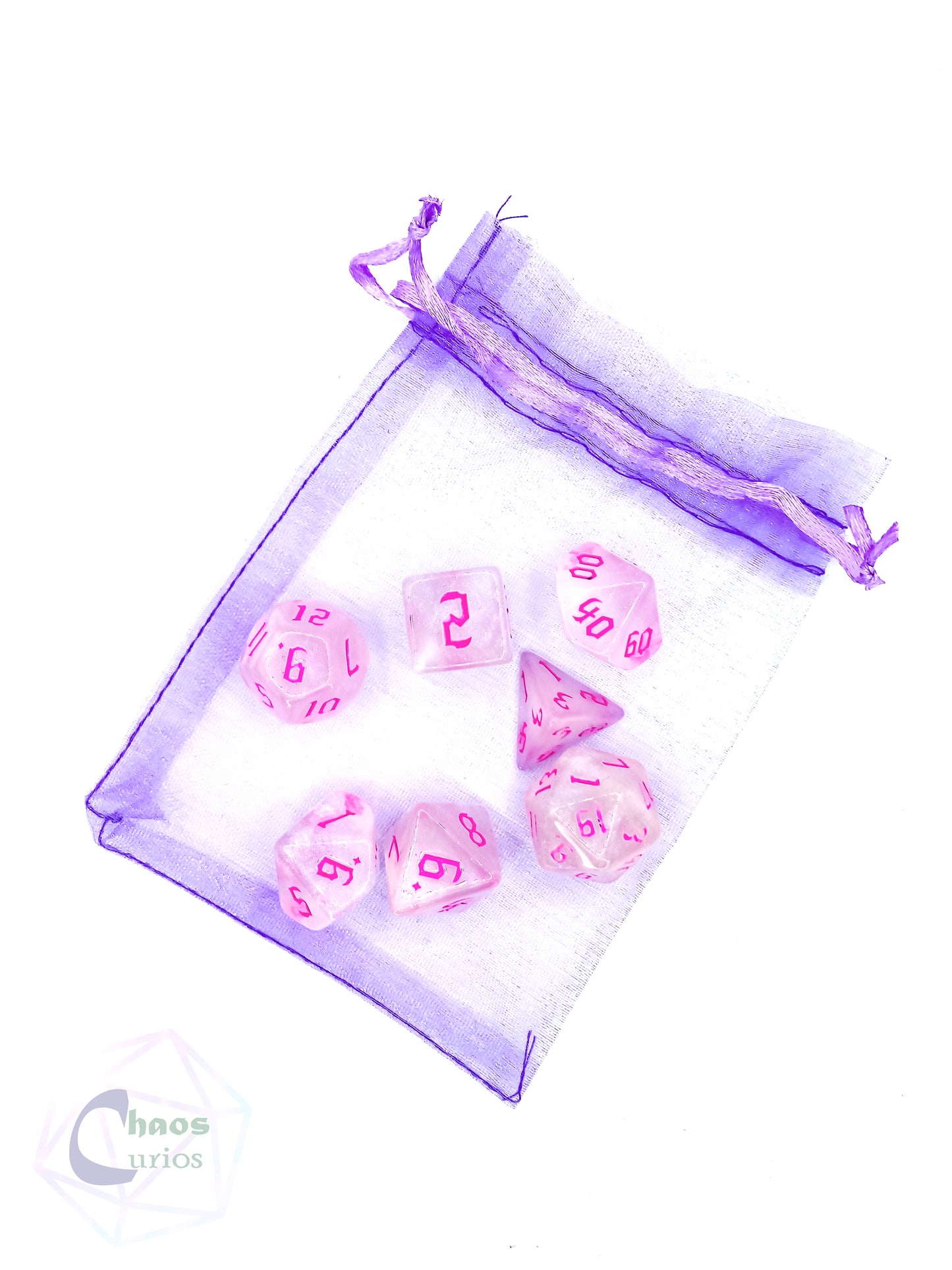 Frosted Pink 7-piece Dice Set Chaos Font