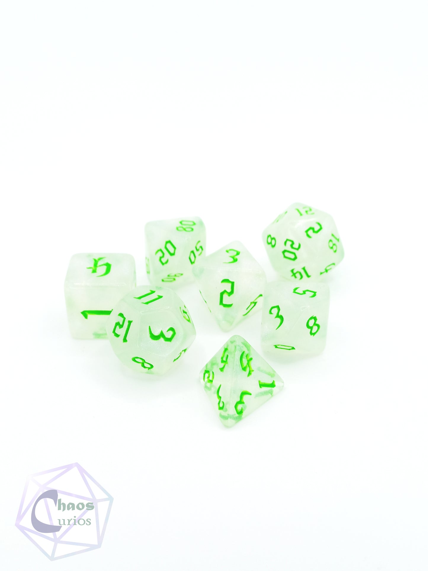 Frosted Green 7-piece Dice Set Chaos Font
