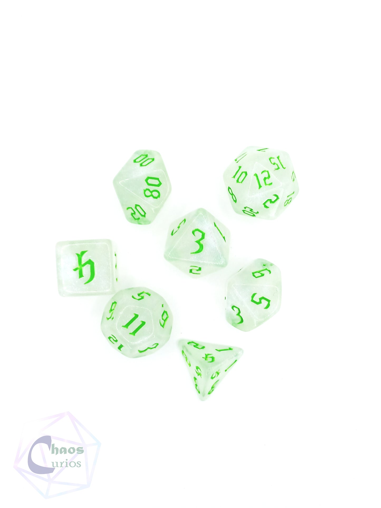 Frosted Green 7-piece Dice Set Chaos Font