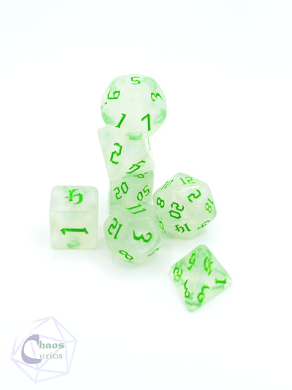 Frosted Green 7-piece Dice Set Chaos Font