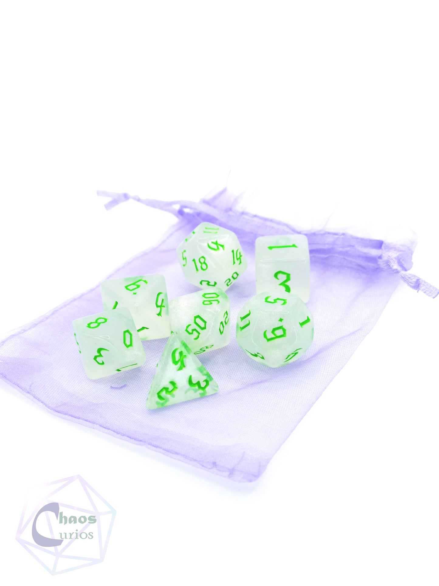 Frosted Green 7-piece Dice Set Chaos Font