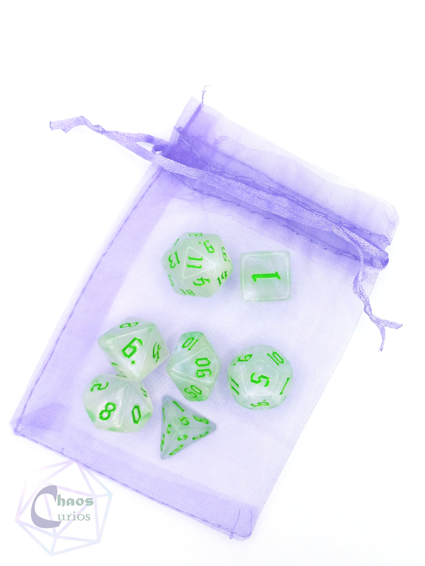 Frosted Green 7-piece Dice Set Chaos Font