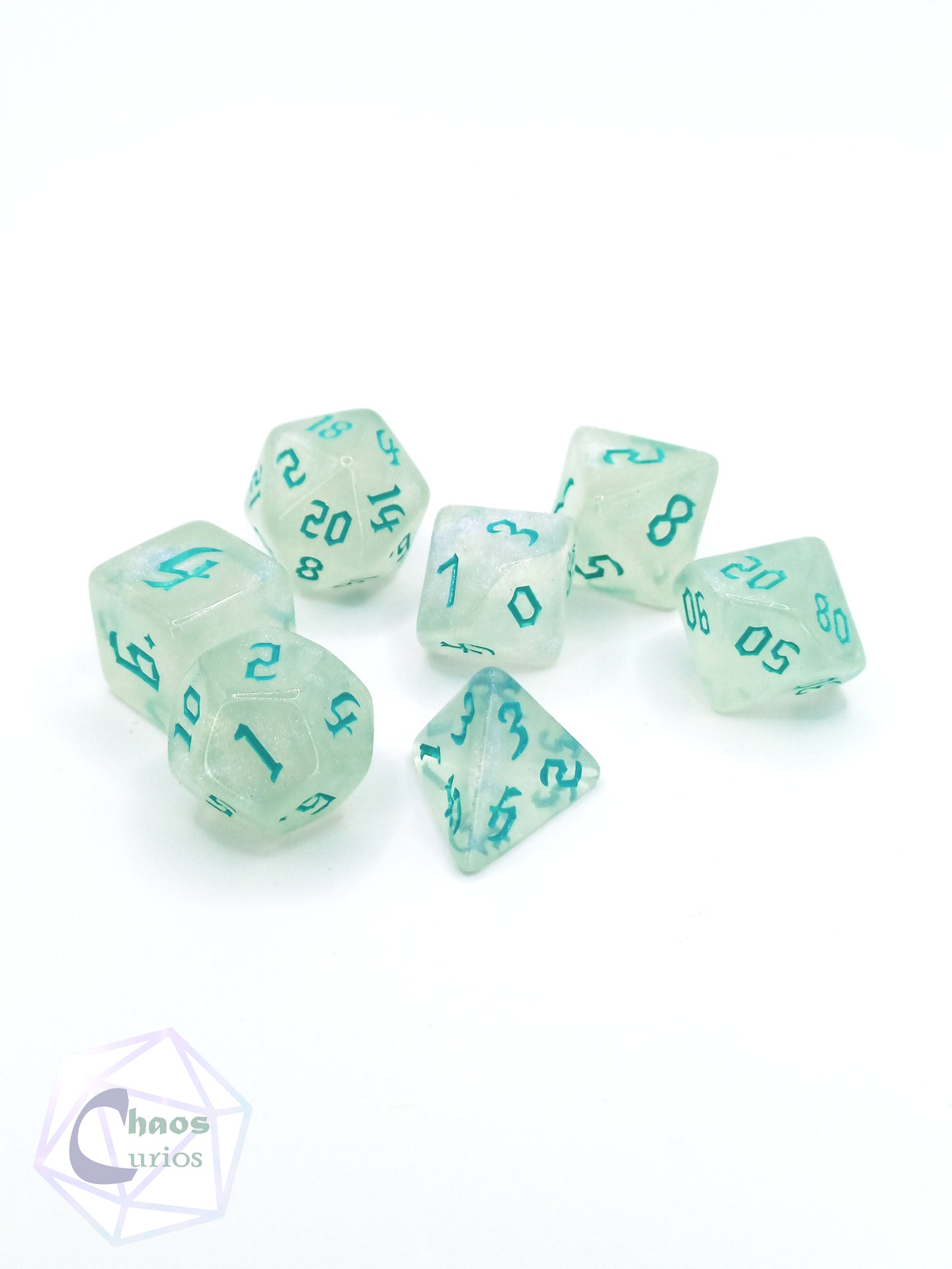 Frosted Teal 7-piece Dice Set Chaos Font