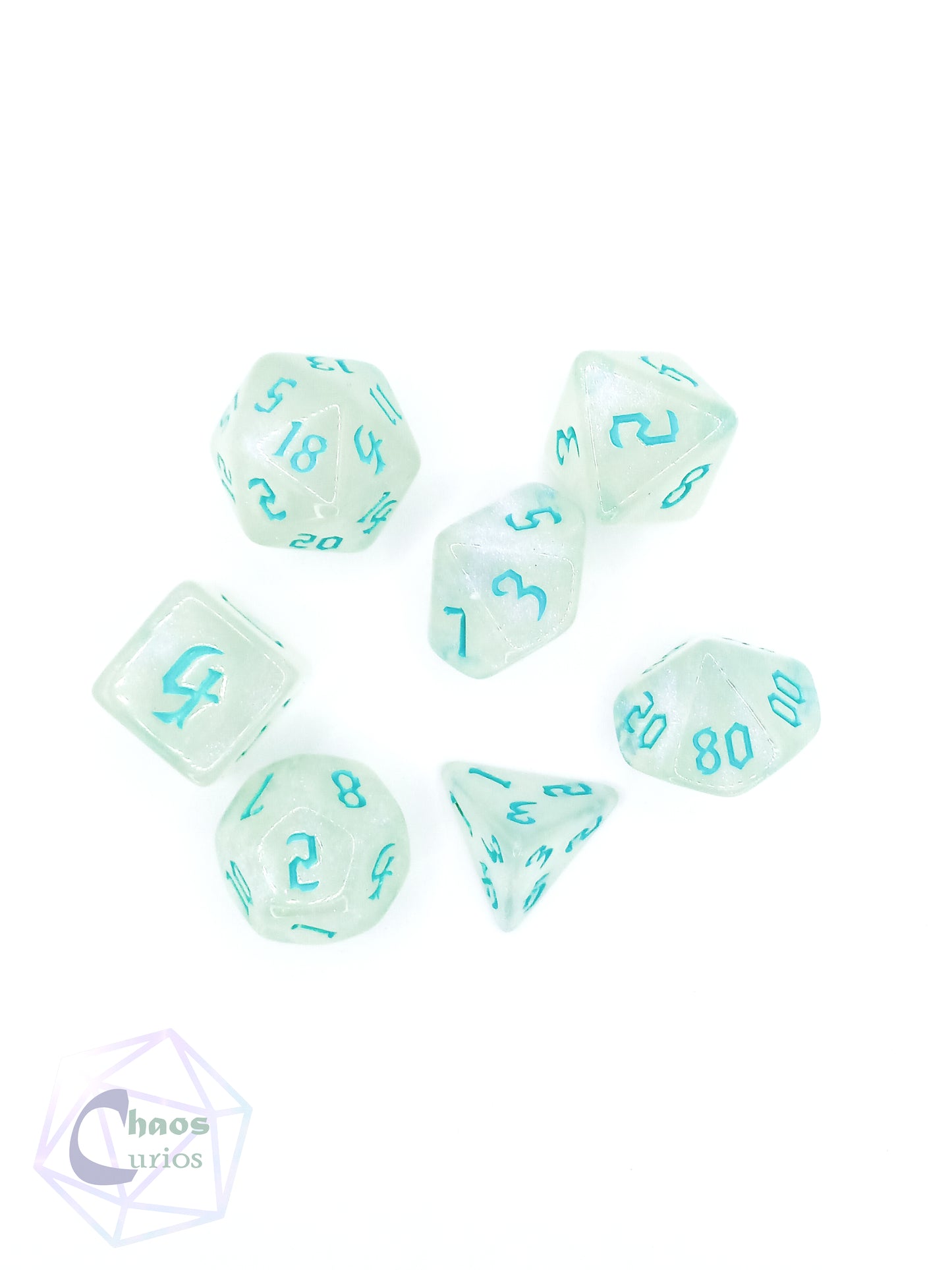Frosted Teal 7-piece Dice Set Chaos Font