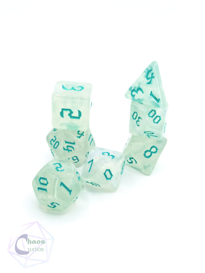 Frosted Teal 7-piece Dice Set Chaos Font