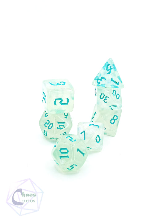 Frosted Teal 7-piece Dice Set Chaos Font