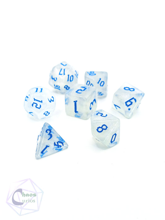 Frosted Blue 7-piece Dice Set Chaos Font
