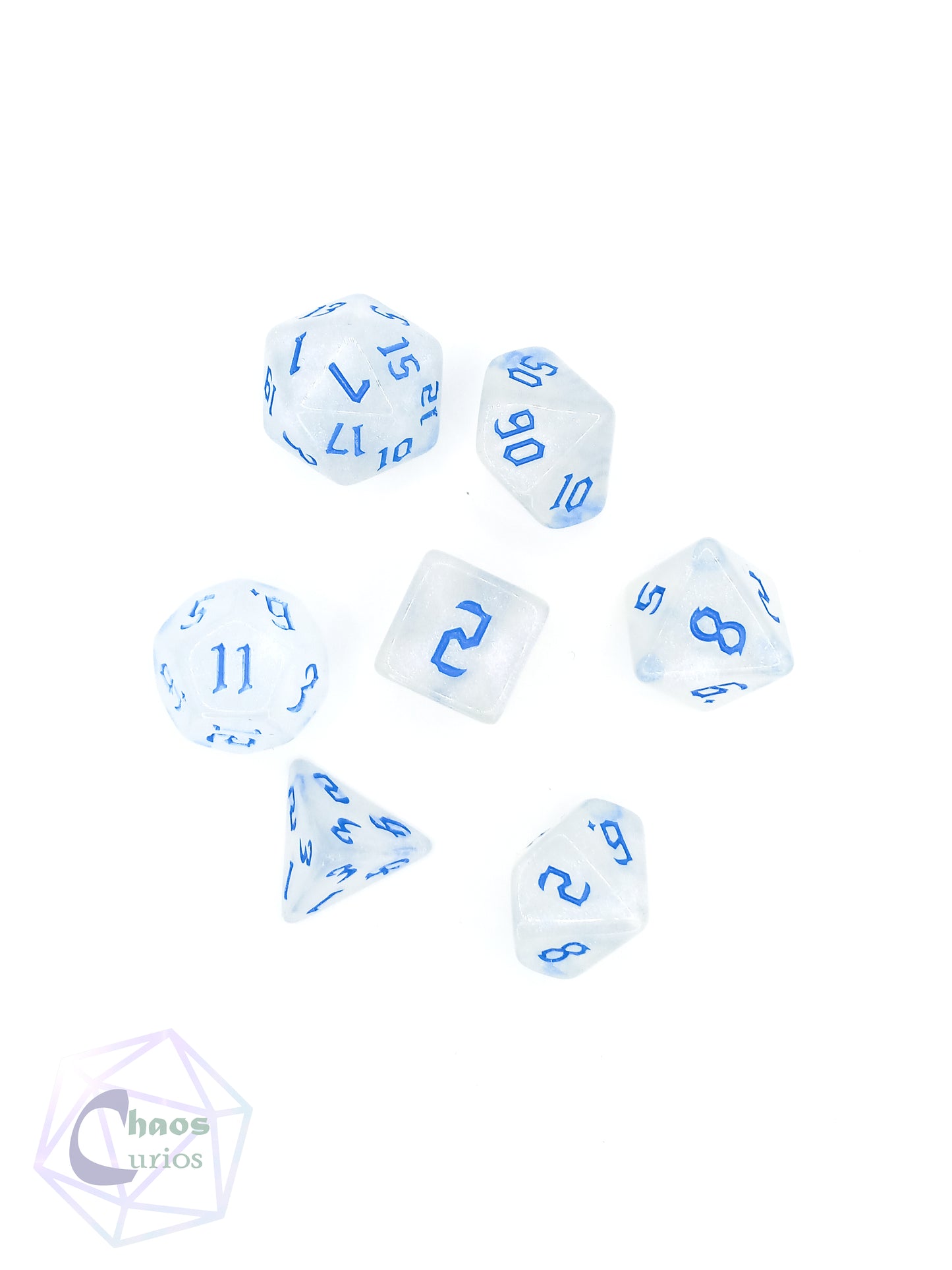 Frosted Blue 7-piece Dice Set Chaos Font