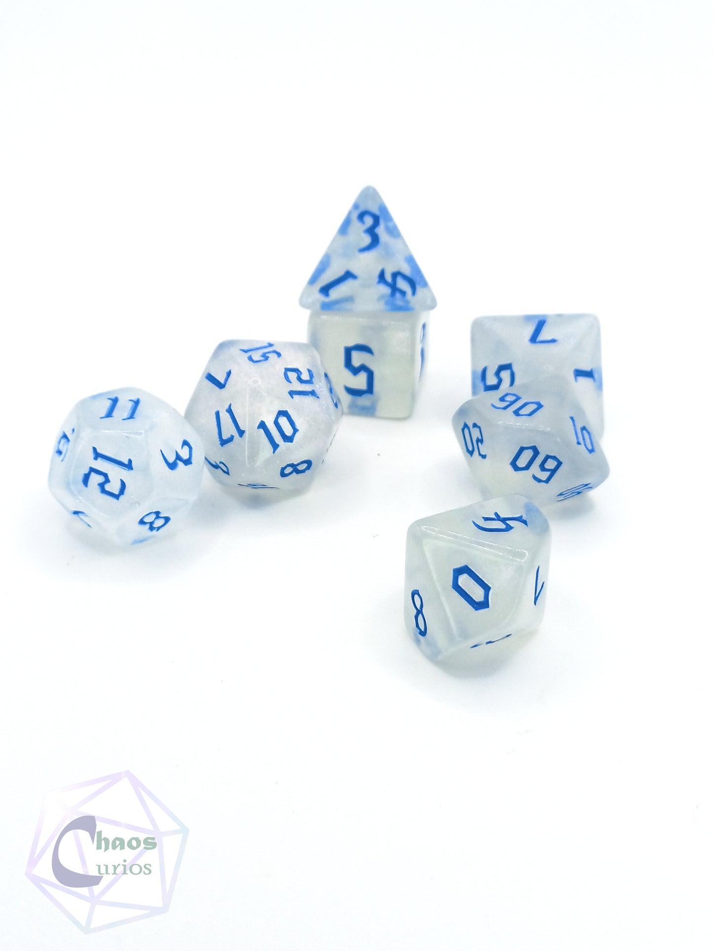 Frosted Blue 7-piece Dice Set Chaos Font