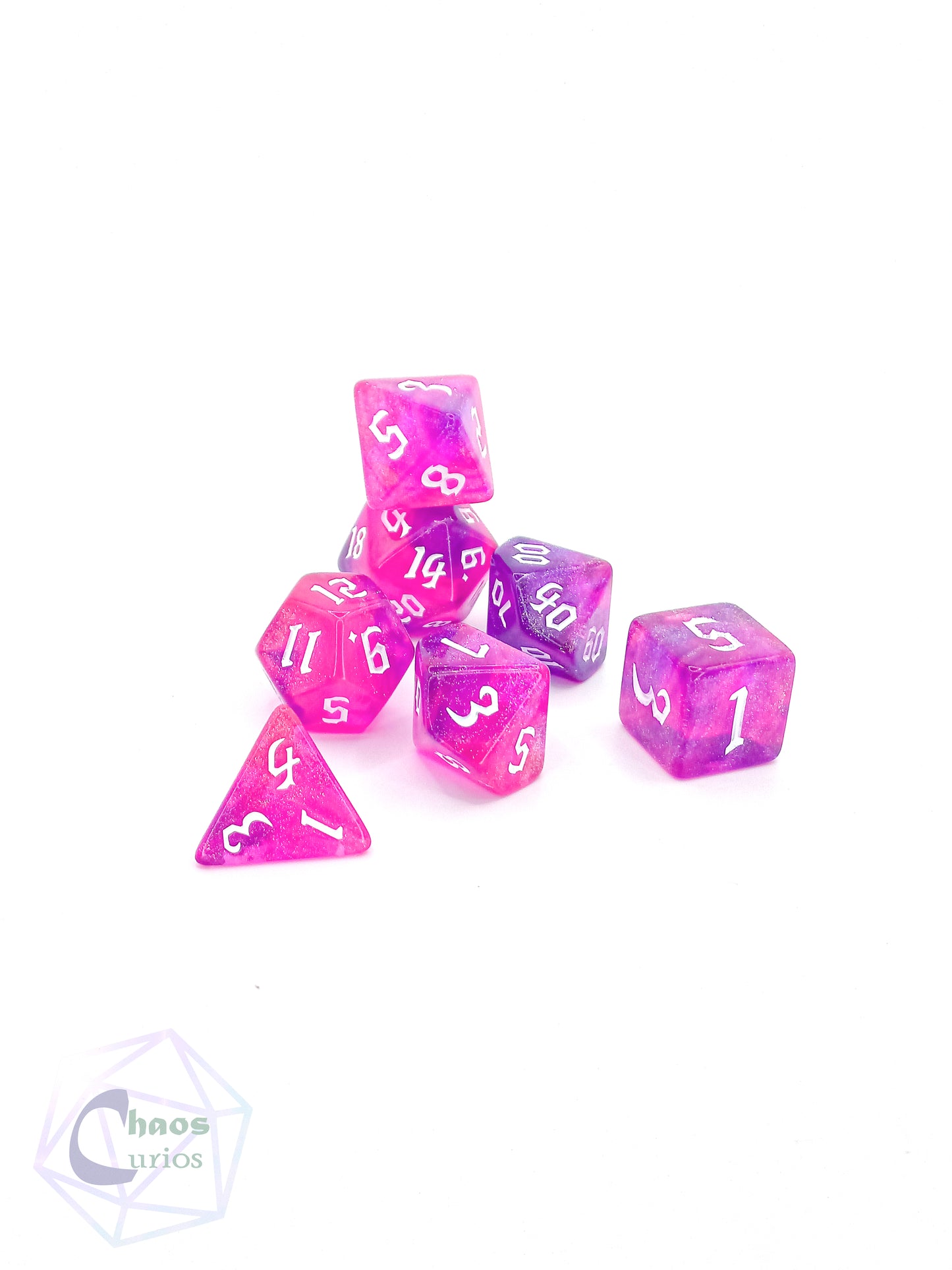 Glitter Pink 7-piece Dice Set Chaos Font