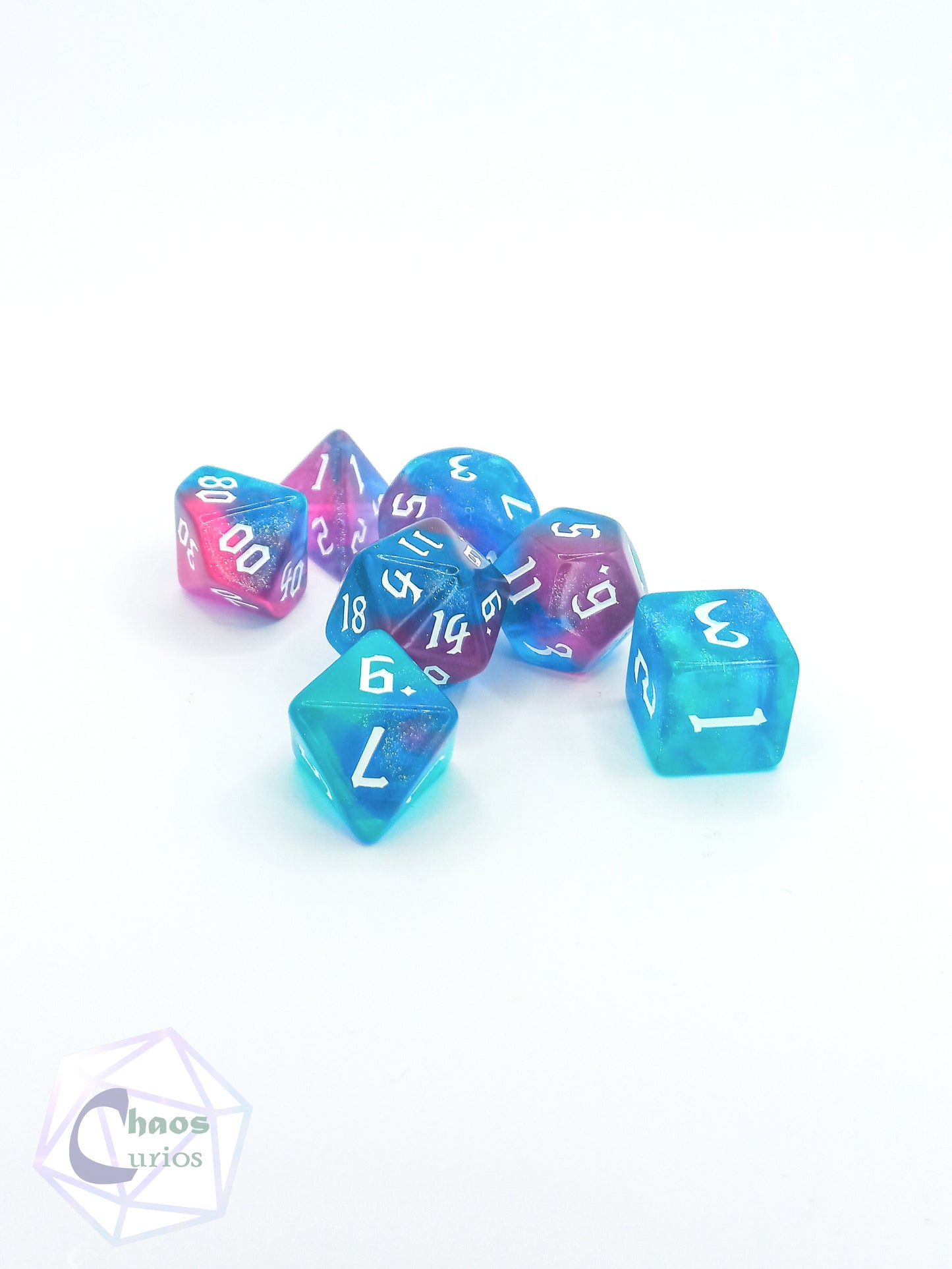 Glitter Blue/Pink 7-piece Dice Set Chaos Font