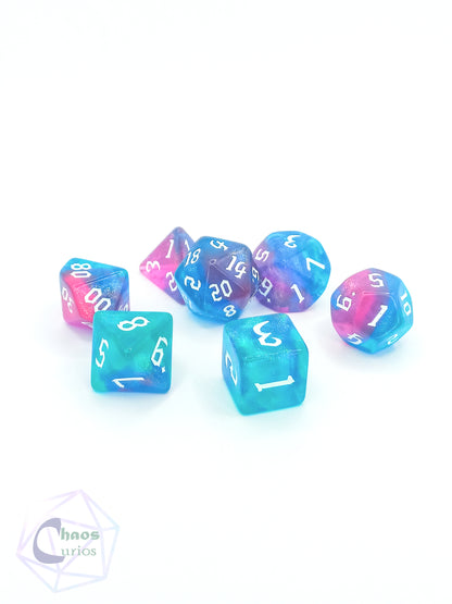 Glitter Blue/Pink 7-piece Dice Set Chaos Font