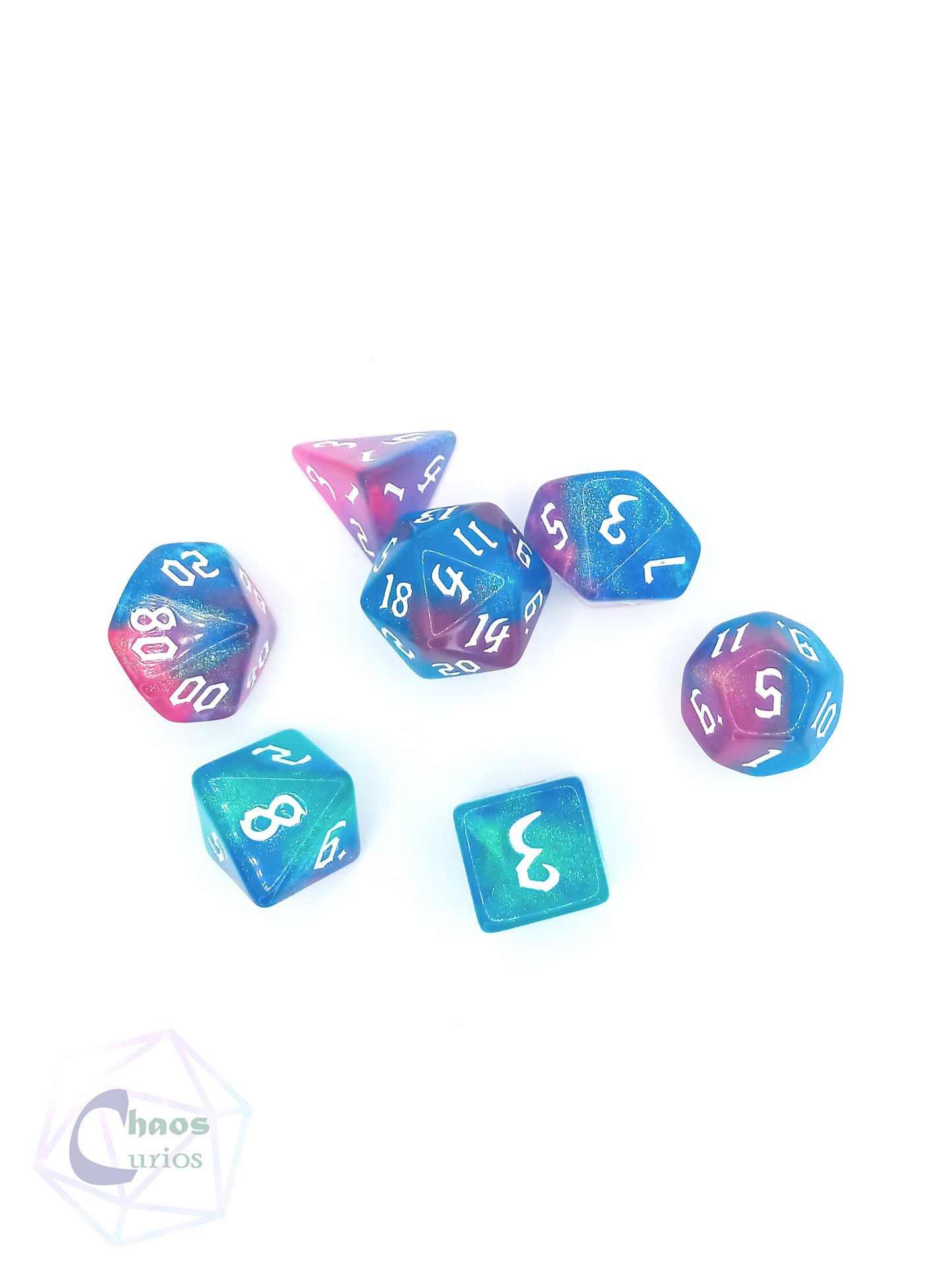 Glitter Blue/Pink 7-piece Dice Set Chaos Font