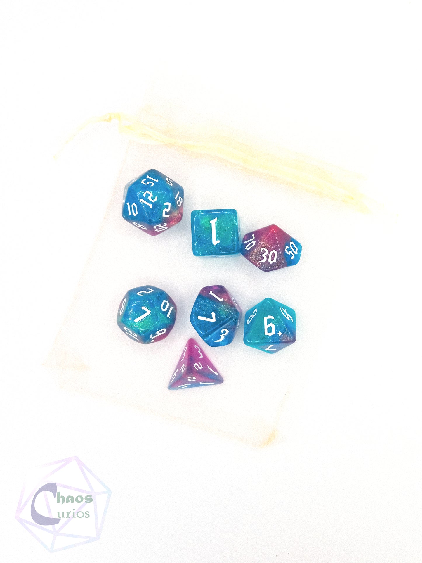 Glitter Blue/Pink 7-piece Dice Set Chaos Font