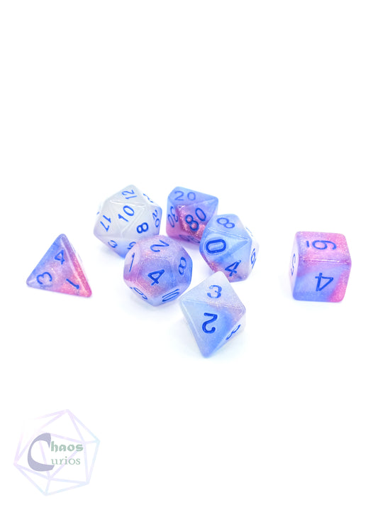 Frosted White Blue 7-piece Dice Set Glow in the Dark