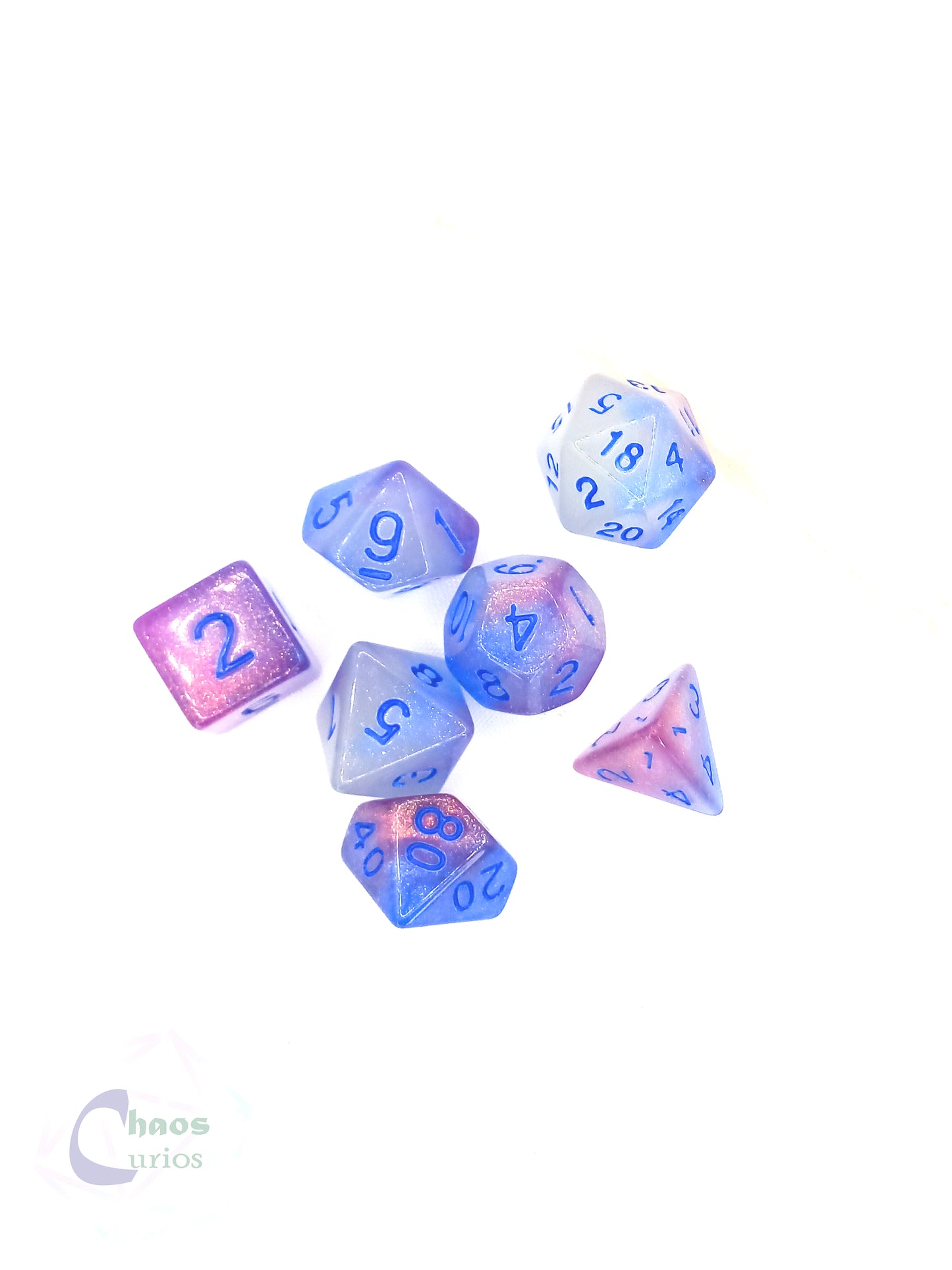 Frosted White Blue 7-piece Dice Set Glow in the Dark