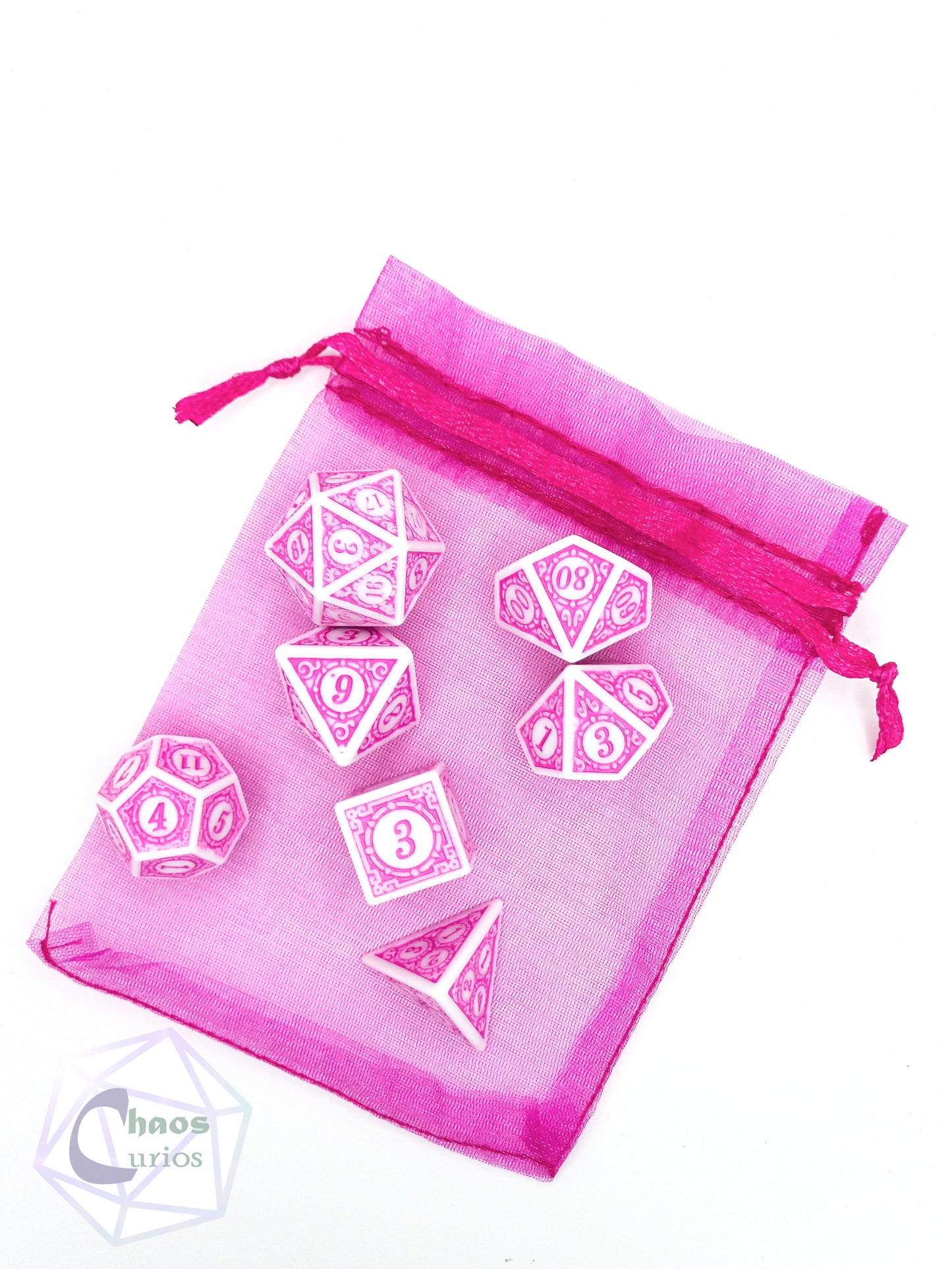 Pink White Glyph 7-piece Dice Set