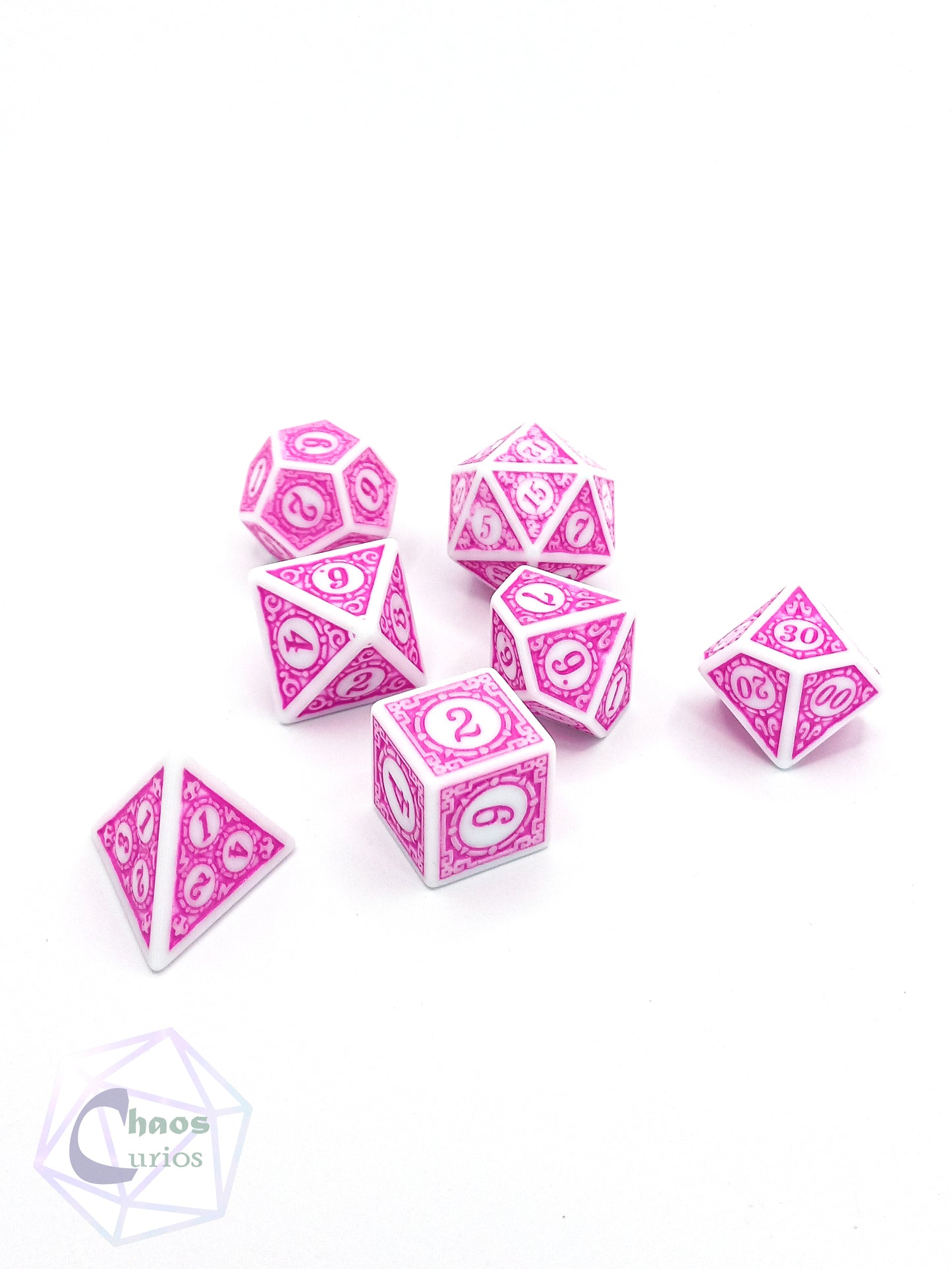 Pink White Glyph 7-piece Dice Set