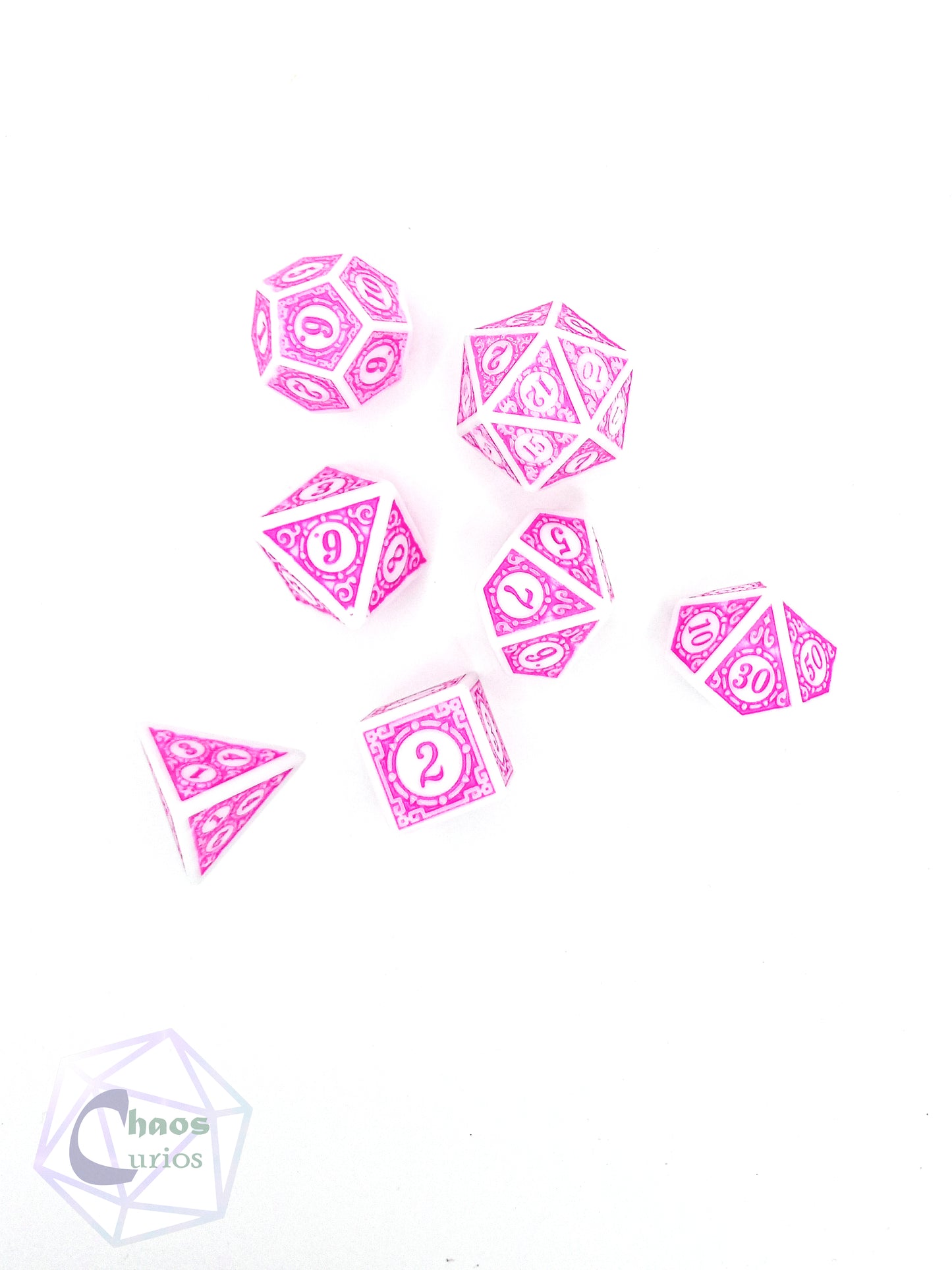 Pink White Glyph 7-piece Dice Set