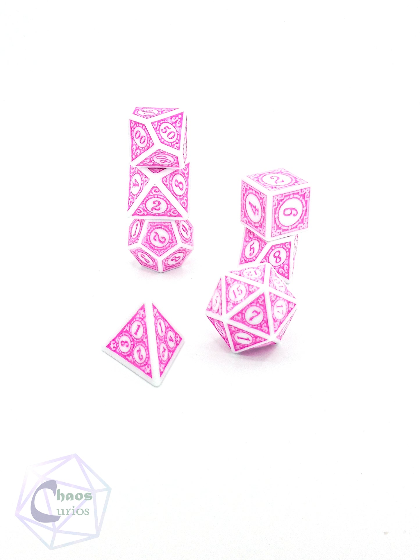 Pink White Glyph 7-piece Dice Set