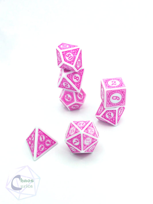 Pink White Glyph 7-piece Dice Set