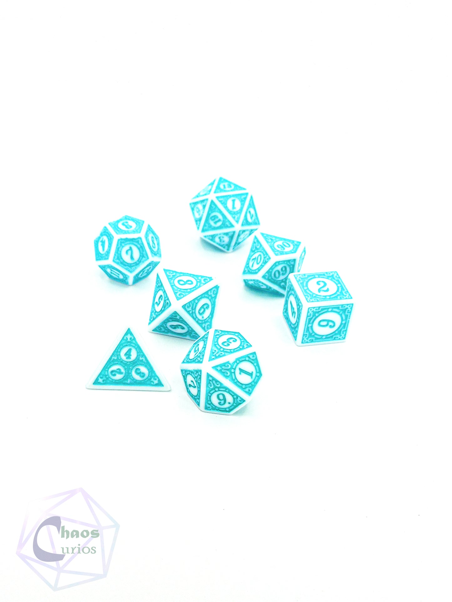 Teal White Glyph 7-piece Dice Set