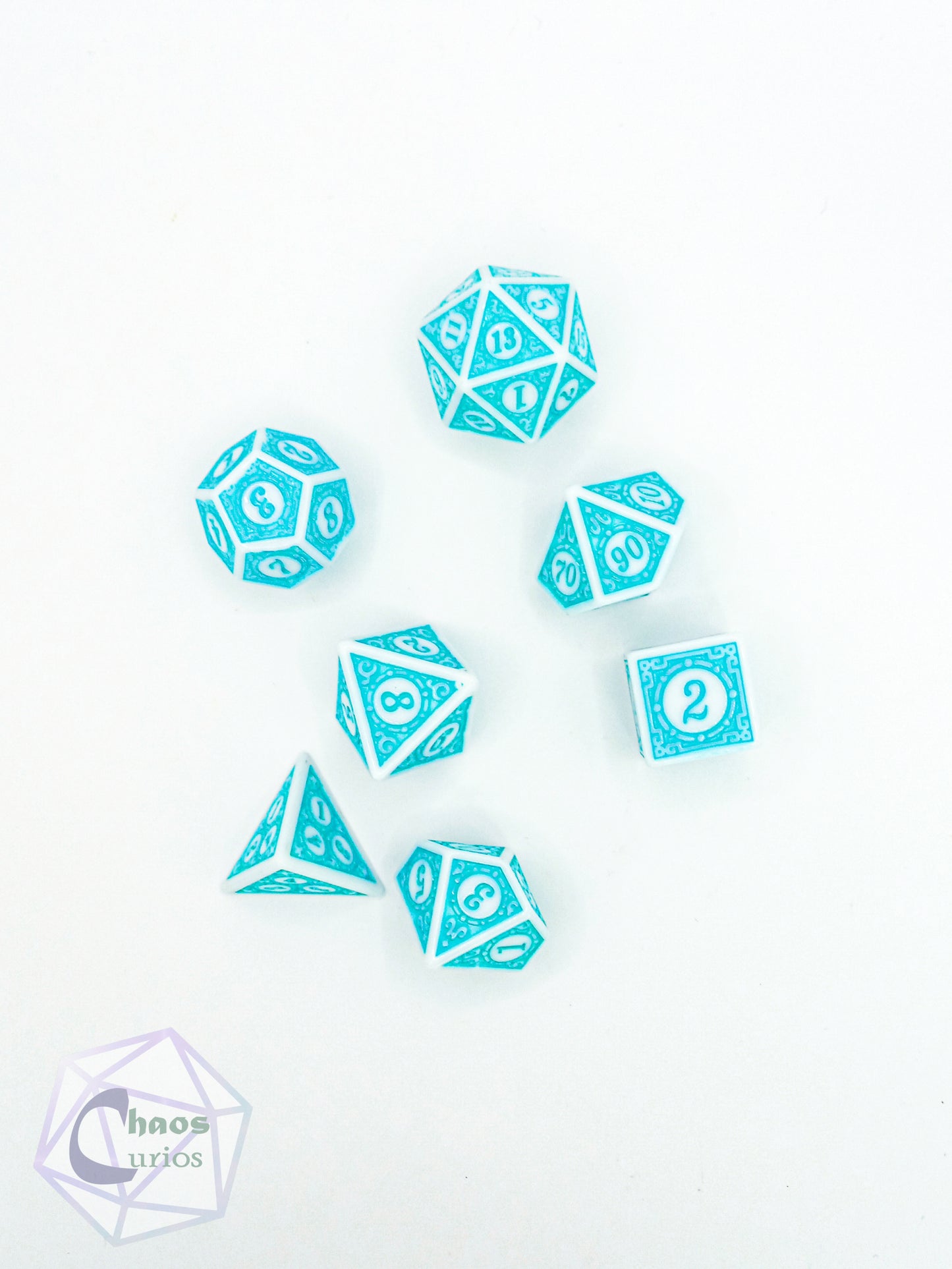 Teal White Glyph 7-piece Dice Set