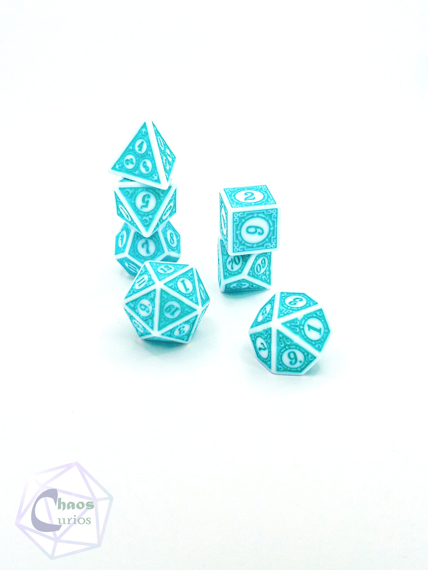 Teal White Glyph 7-piece Dice Set