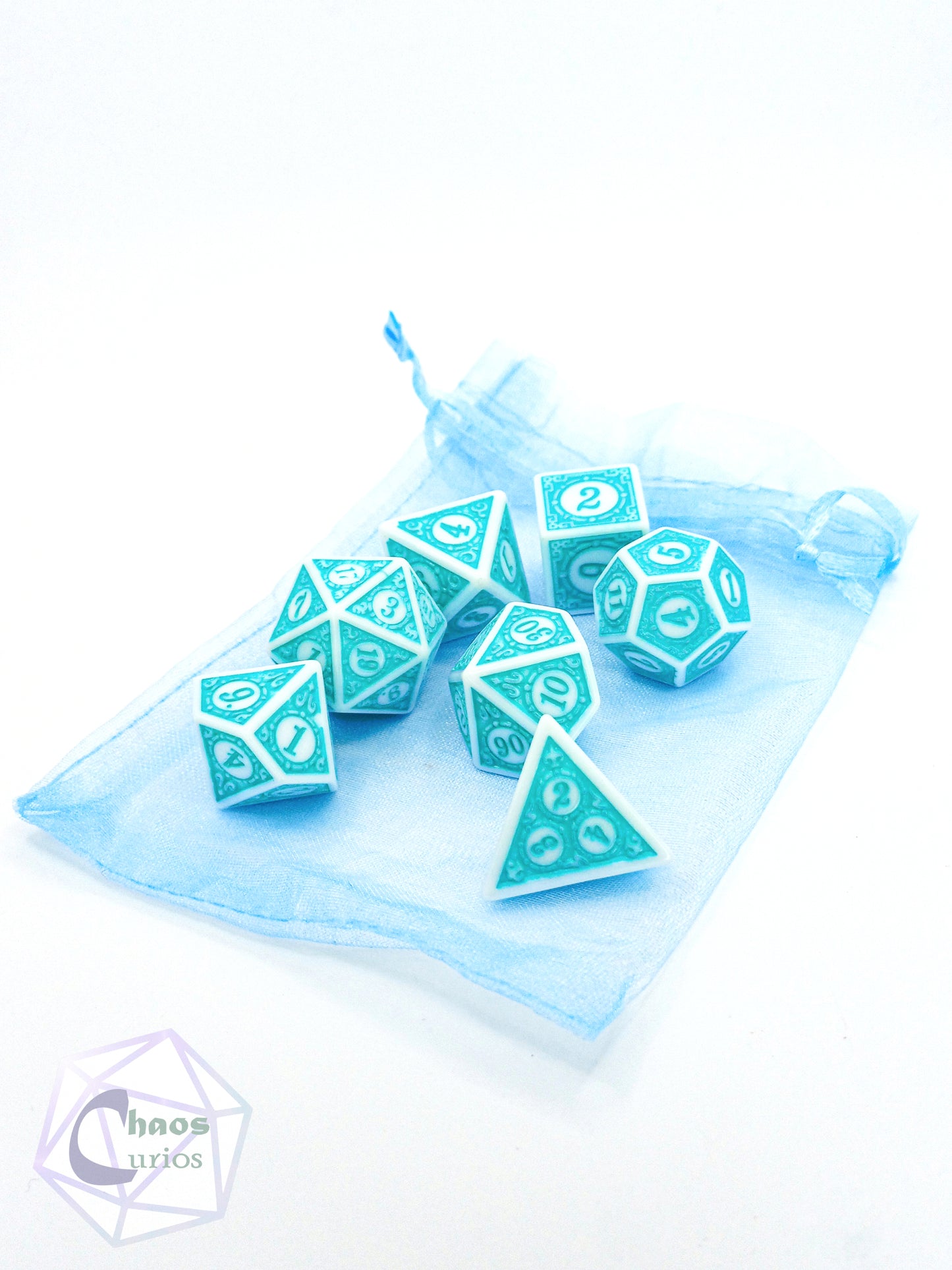 Teal White Glyph 7-piece Dice Set