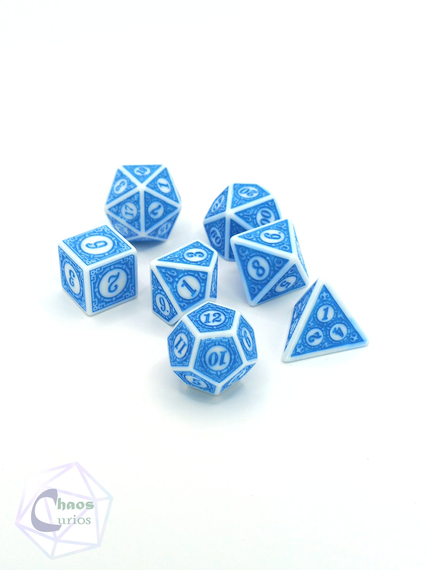 Blue White Glyph 7-piece Dice Set