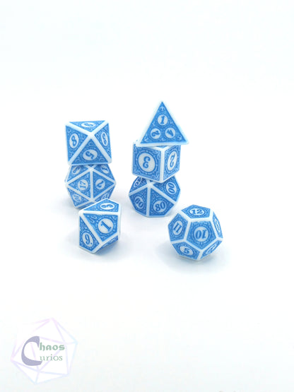 Blue White Glyph 7-piece Dice Set