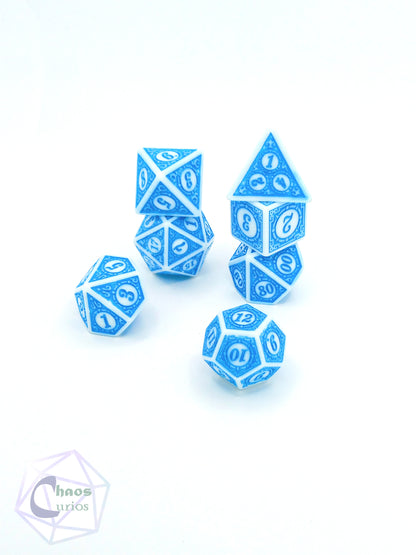 Blue White Glyph 7-piece Dice Set