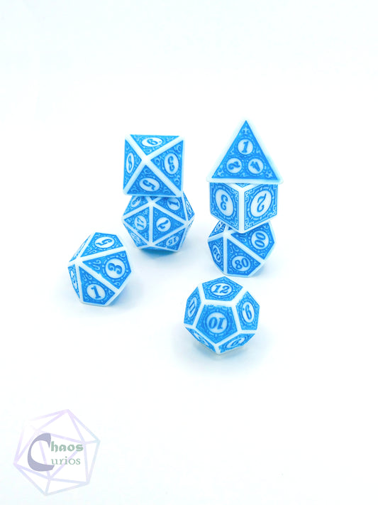 Blue White Glyph 7-piece Dice Set