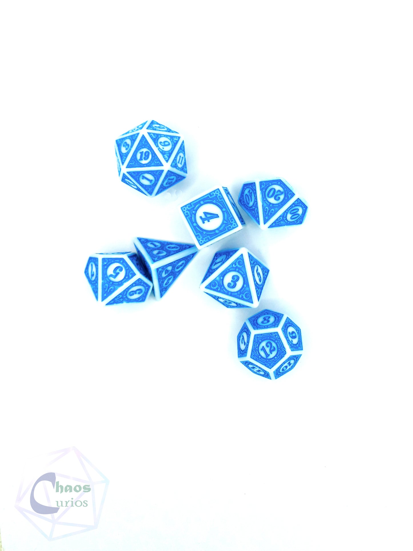 Blue White Glyph 7-piece Dice Set