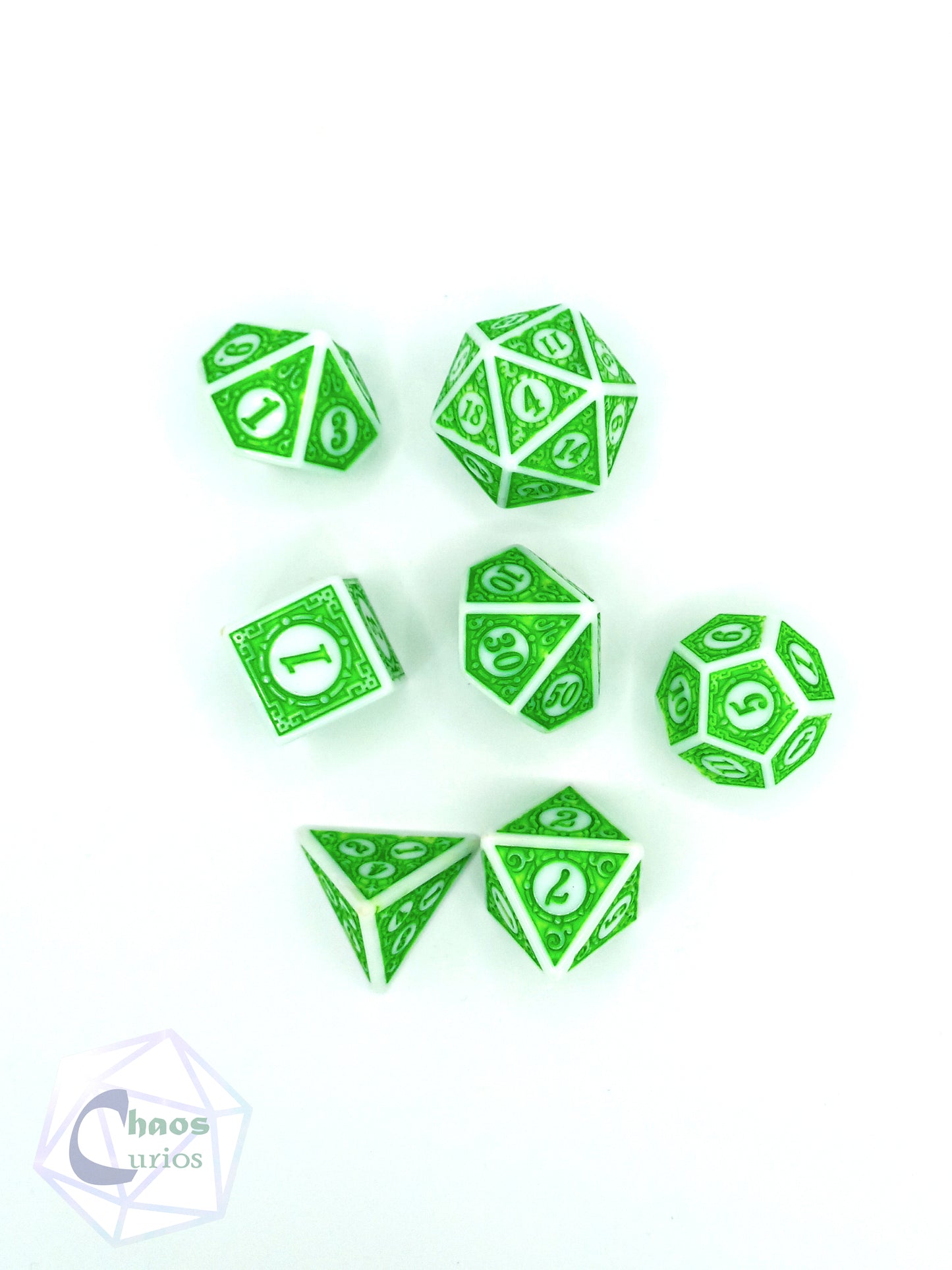 Green White Glyph 7-piece Dice Set