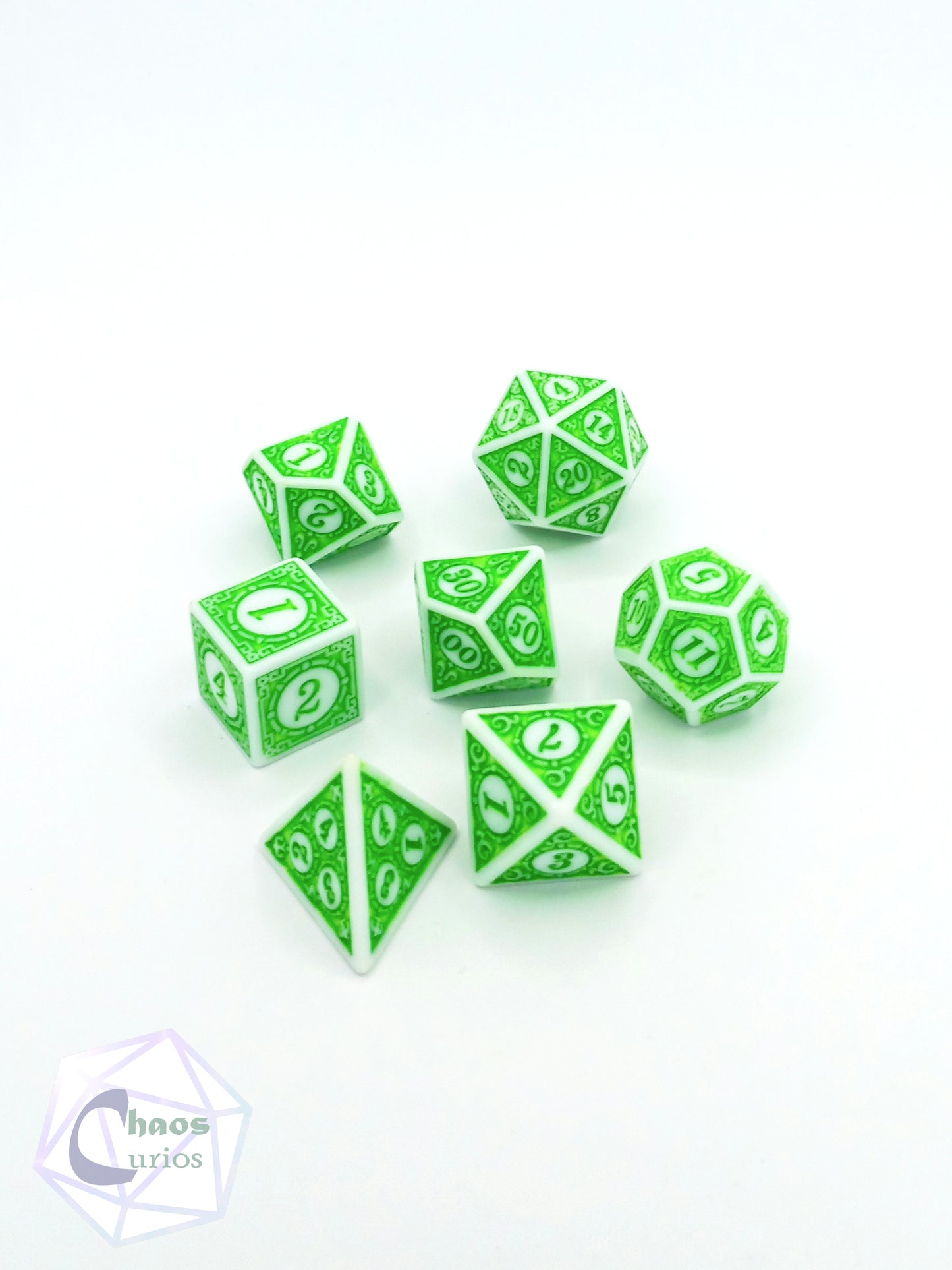 Green White Glyph 7-piece Dice Set
