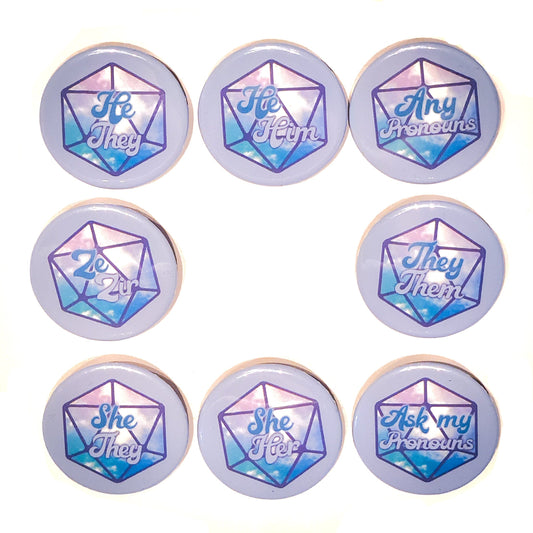 D20 Pride Pronoun Badge