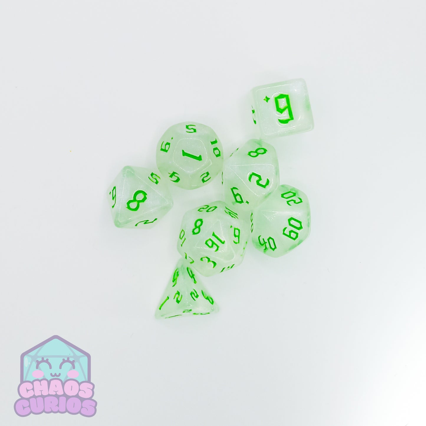 Frosted Green 7-piece Dice Set Chaos Font