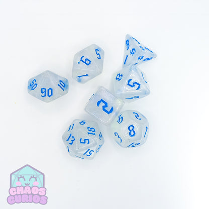 Frosted Blue 7-piece Dice Set Chaos Font